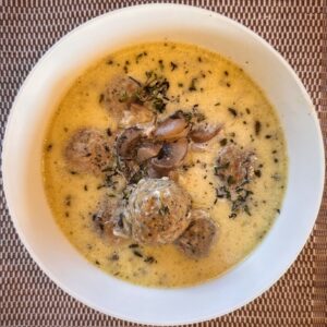 Yummy chicken meatball and shroom soup.
